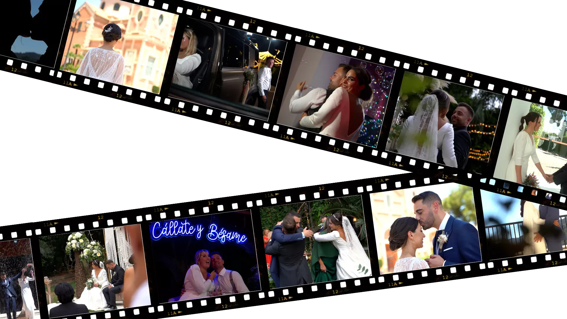 Collage en forma de tira de película con fotogramas de distintas bodas
