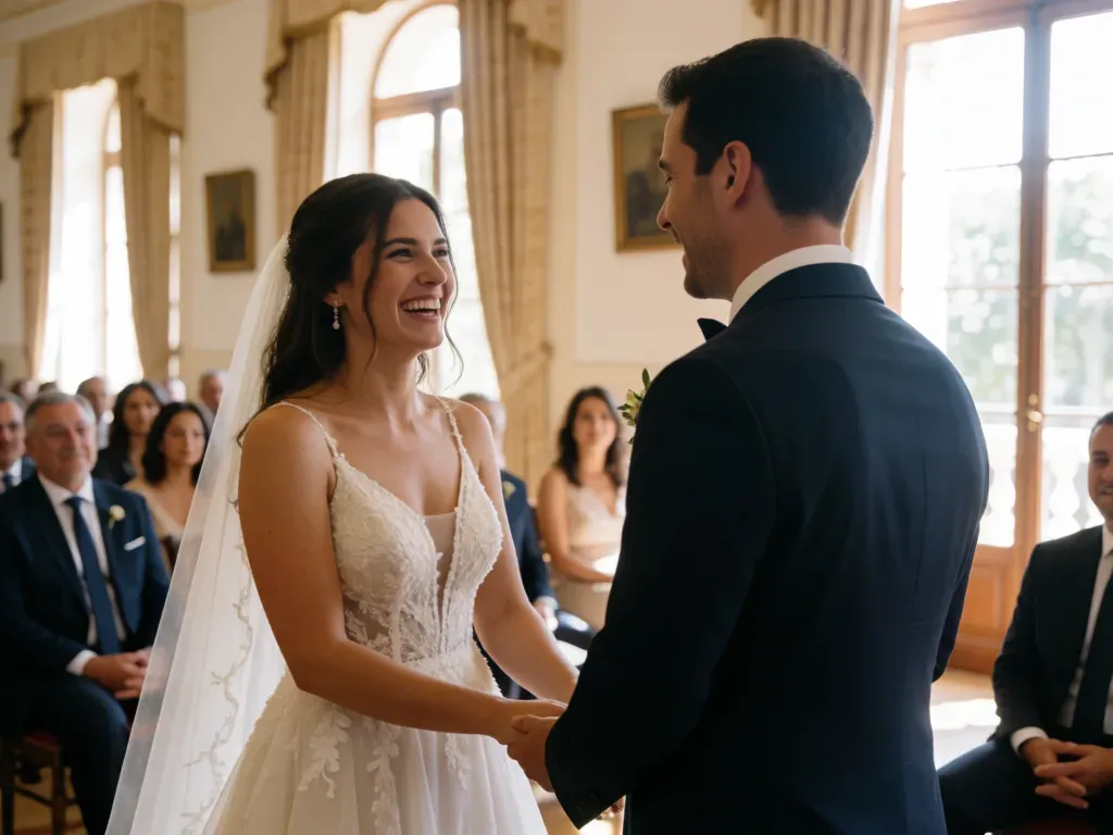 pareja de novios cogida de las manos durante una ceremonia en un salón con invitados