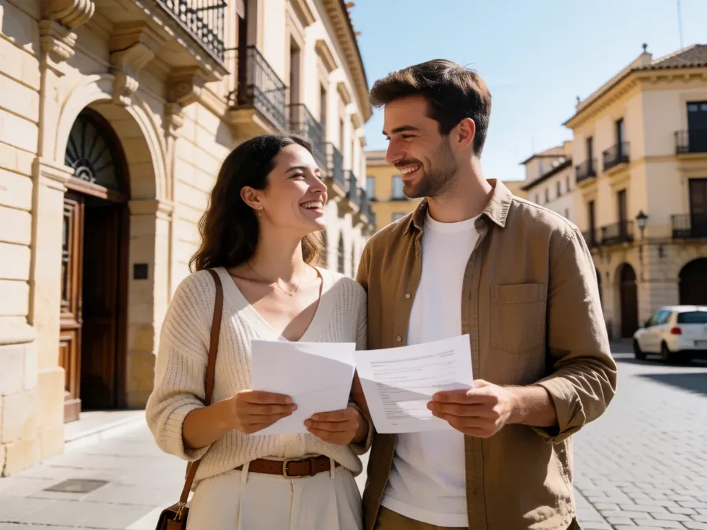 pareja revisando unos papeles en una calle con edificios históricos