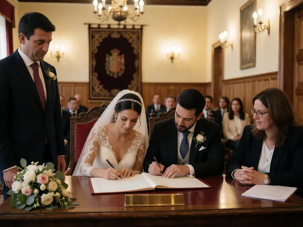 novia firmando en un salón de plenos ante testigos
