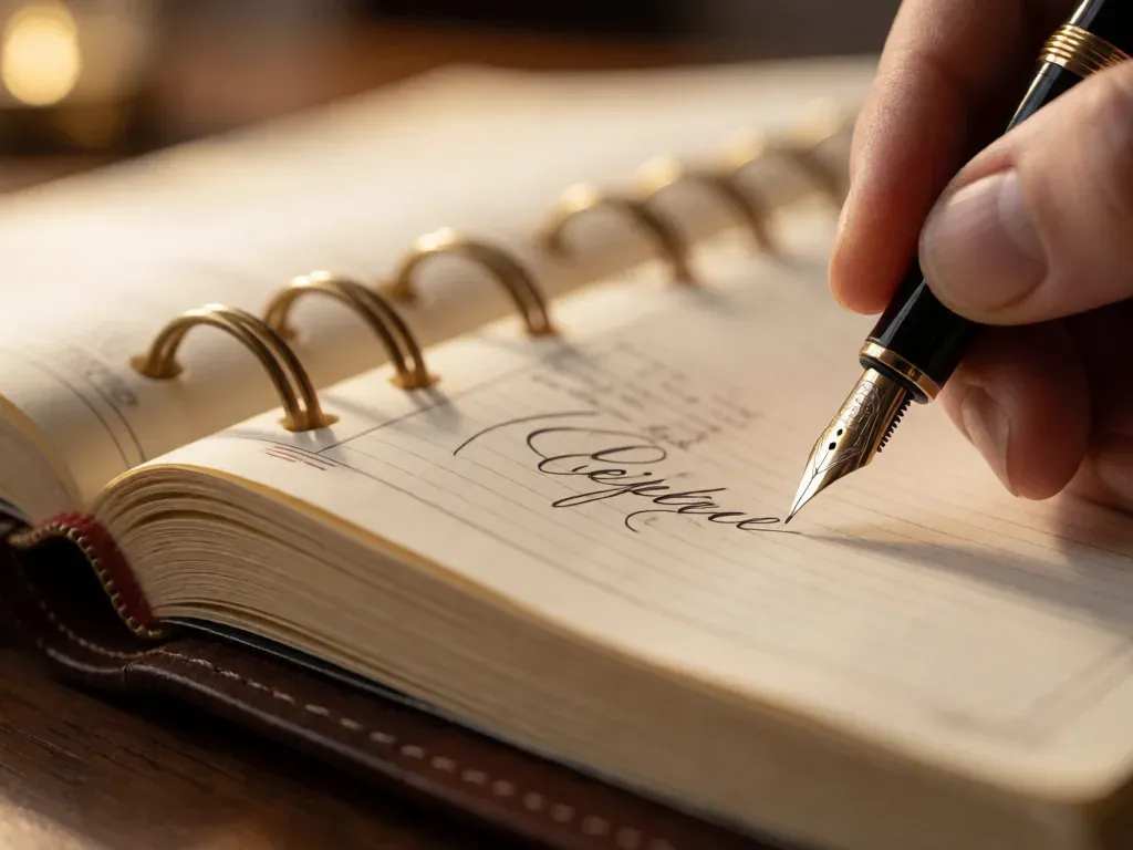 mano escribiendo con pluma en una agenda de anillas