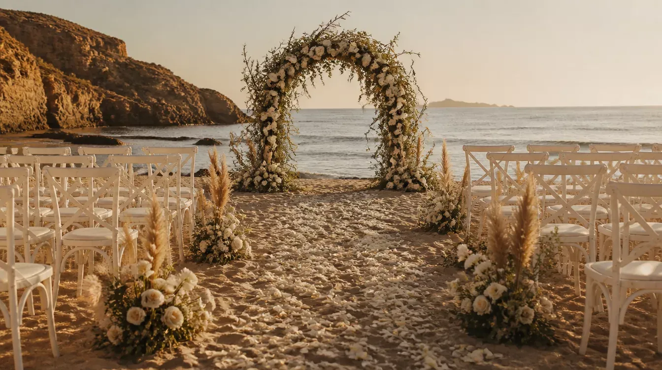 arco de flores y sillas en una playa junto a un acantilado