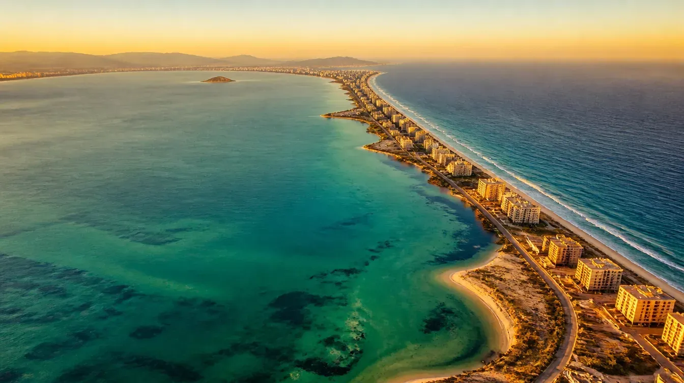 vista aérea de una franja de costa entre dos mares al atardecer