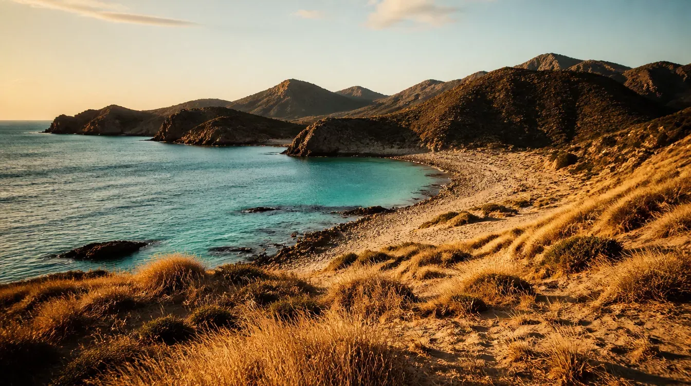 cala de agua turquesa entre montañas y dunas con vegetación