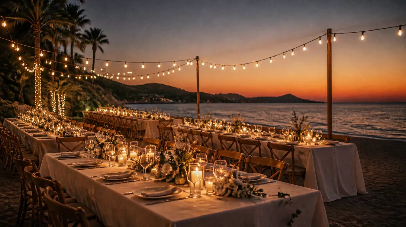 mesas largas de banquete en la playa con guirnaldas de luces al anochecer