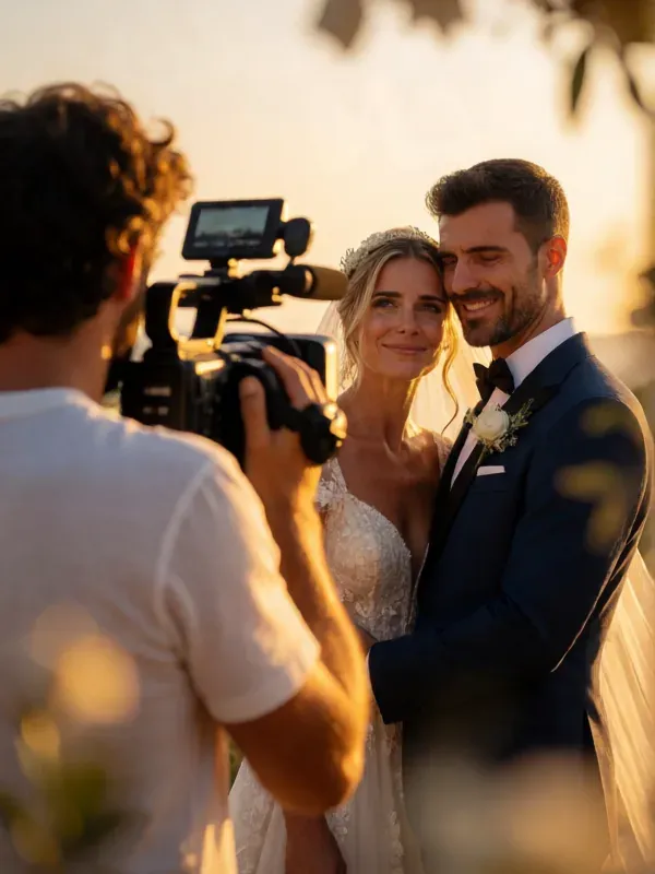 videógrafo grabando a una pareja de novios abrazados al atardecer