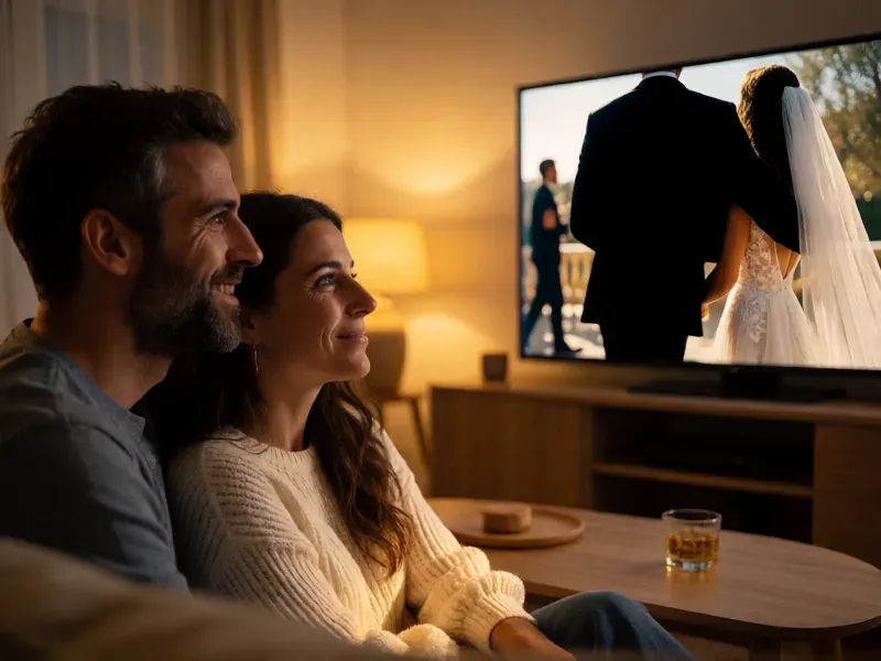 pareja viendo su vídeo de boda terminado en casa