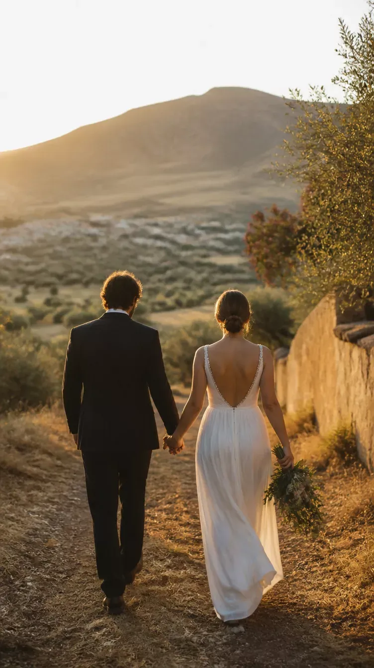 Pareja de novios caminando de la mano por un camino de campo al atardecer