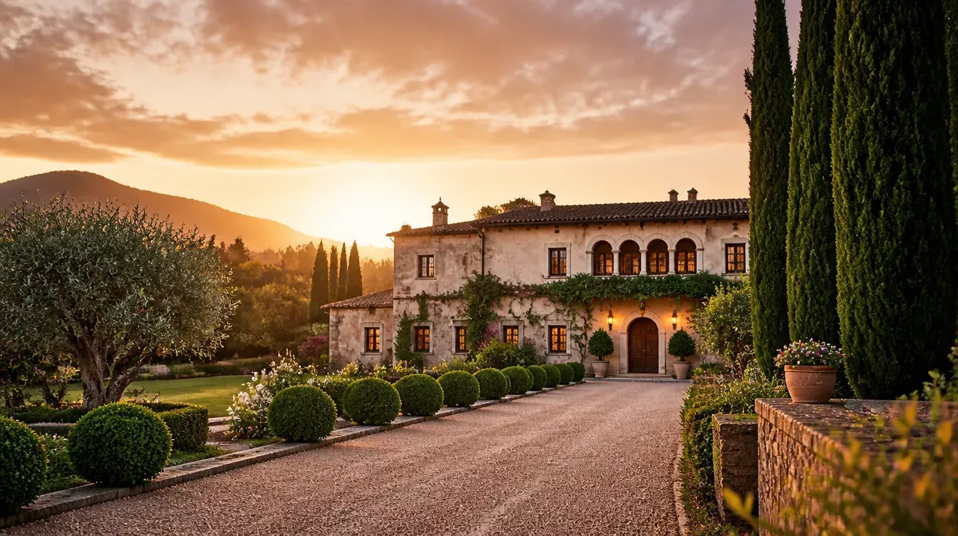 Casa de campo de piedra al atardecer con jardín y cipreses, tipo de finca para bodas