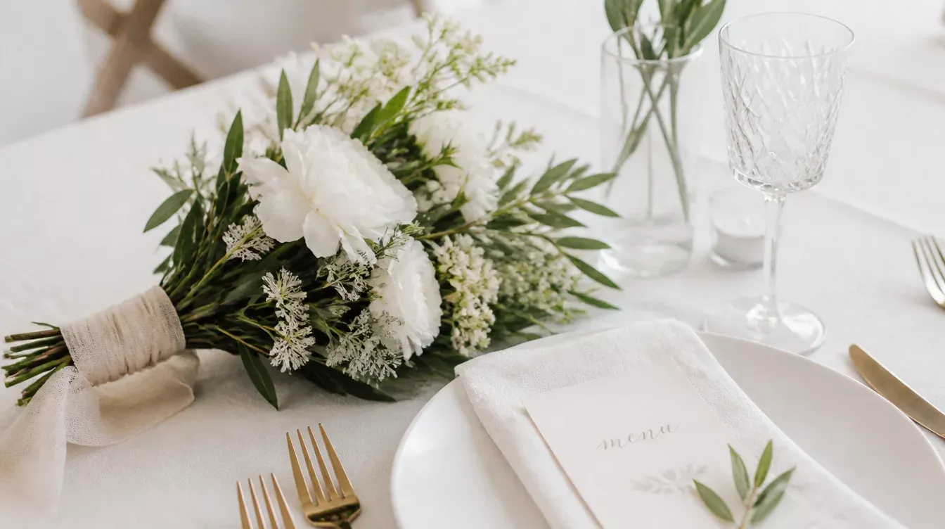 Detalle de mesa con ramo de flores blancas, plato y copa de cristal