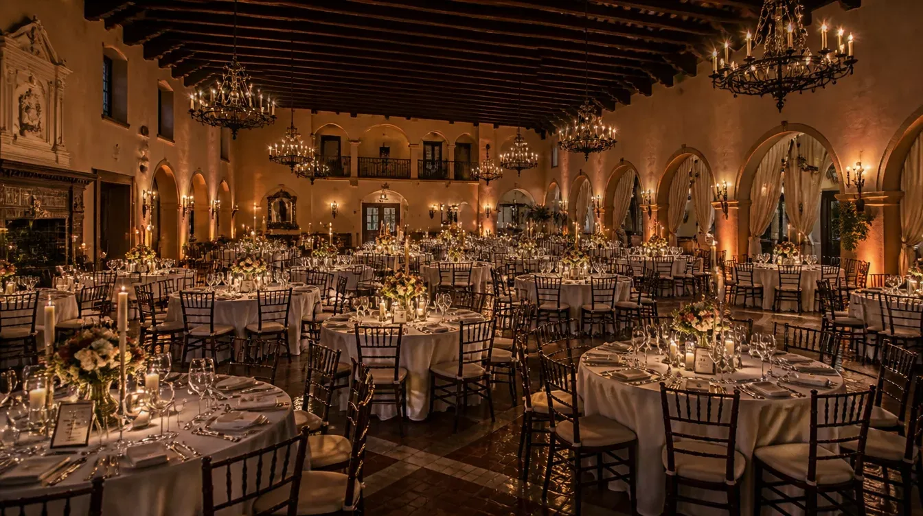 Salón de banquetes con lámparas de araña, arcos y mesas redondas montadas