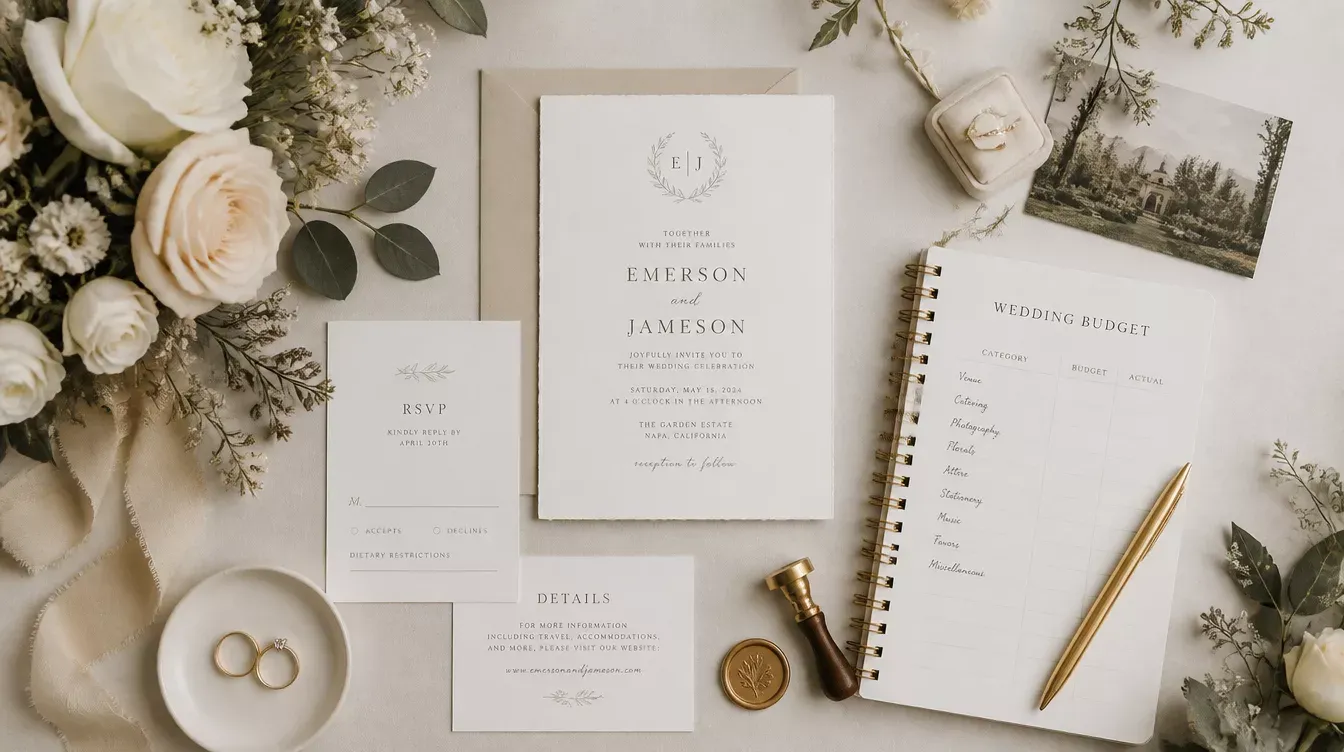 Invitación de boda, sobre, alianzas y libreta de presupuesto sobre una mesa con flores blancas