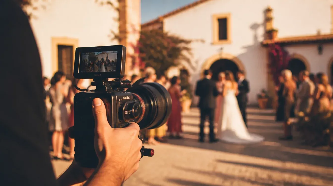 Persona grabando con una cámara de cine a una pareja recién casada y sus invitados en una plaza