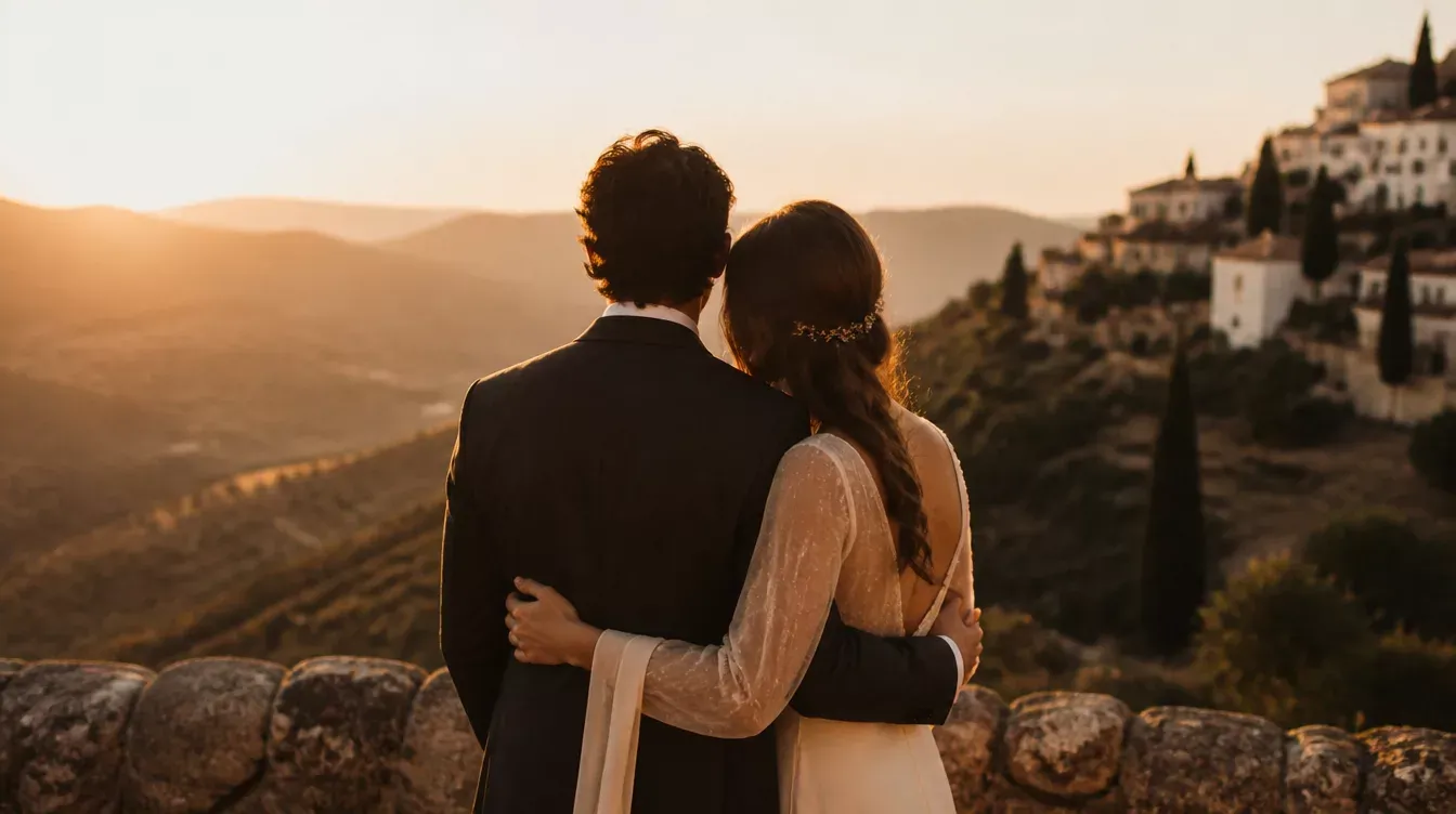 Pareja abrazada de espaldas mirando un valle al atardecer junto a un pueblo blanco