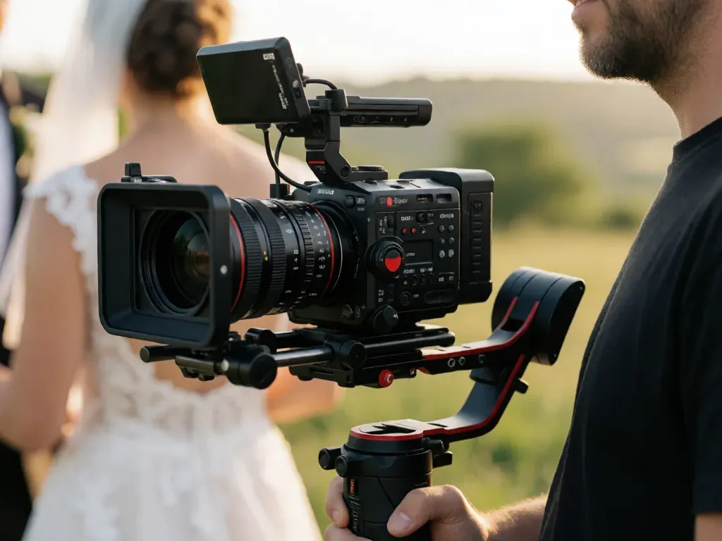 cámara de cine montada en un gimbal para grabar una boda