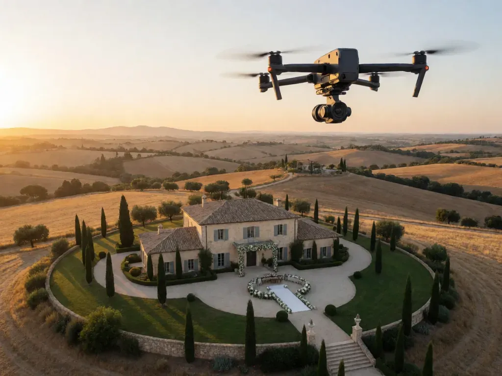 drone sobrevolando una finca de bodas