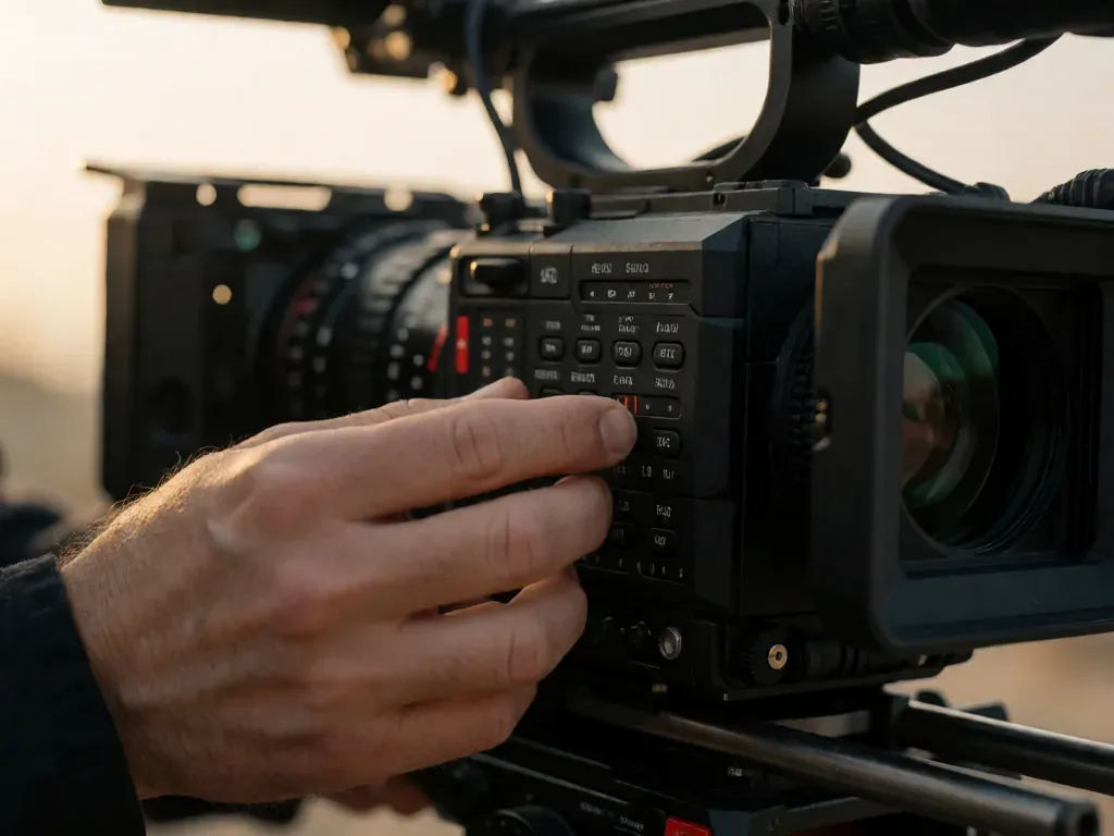 detalle de los ajustes de una cámara de cine profesional