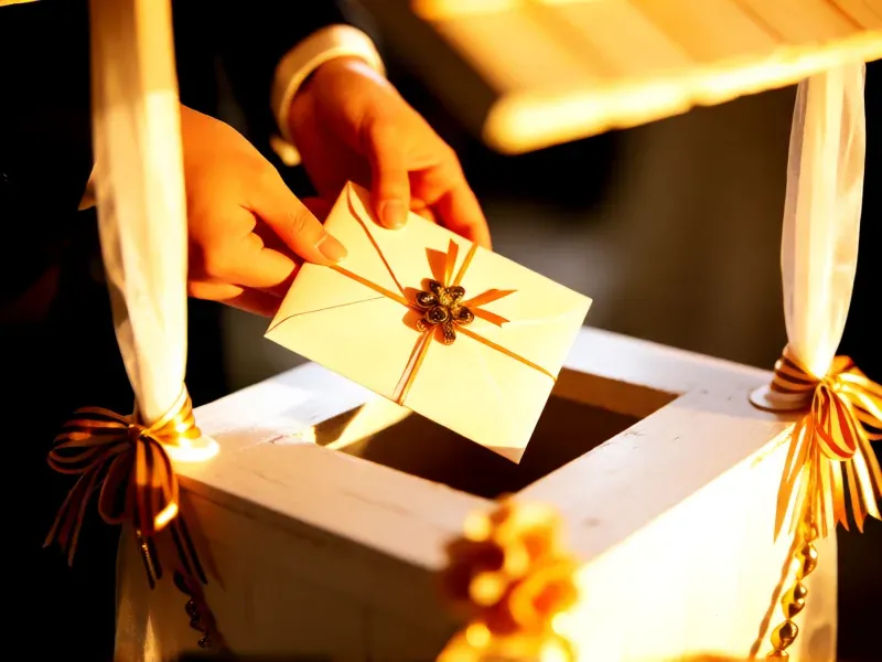 sobre con dinero en una caja de regalos de boda