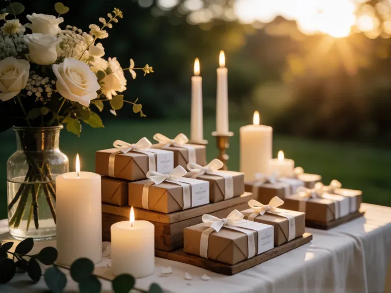 expositor de detalles de boda con velas y flores