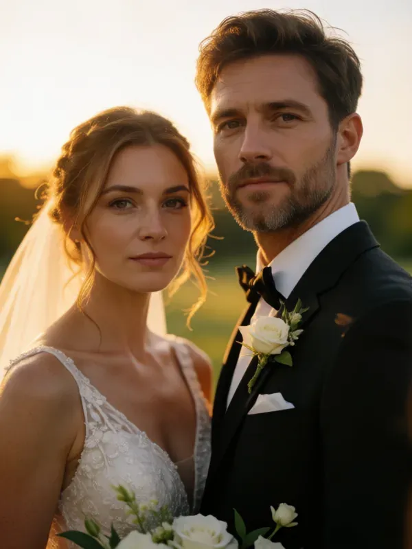 pareja de novios mirando a cámara con un ramo de rosas blancas
