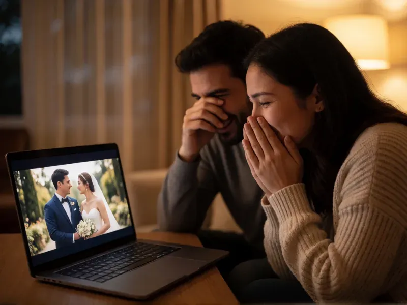 pareja viendo su vídeo de boda en casa