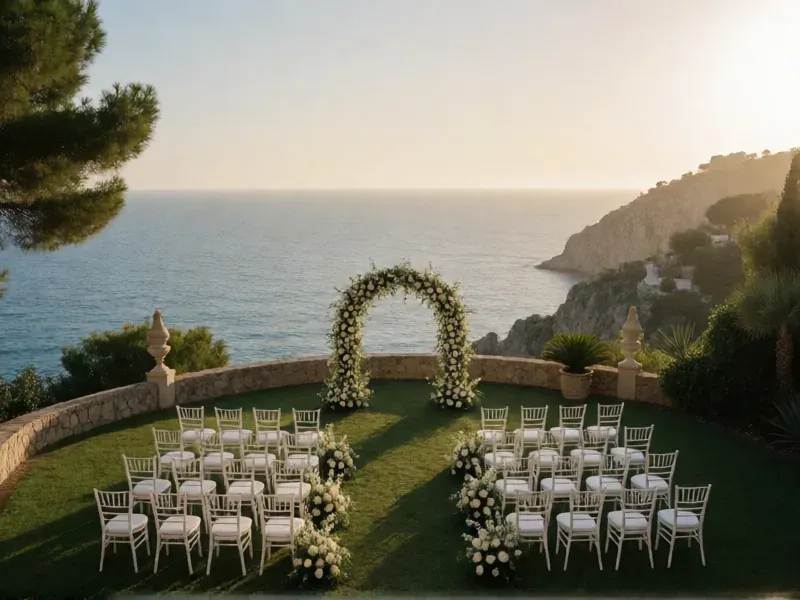 arco de flores y sillas blancas en un jardín frente al mar
