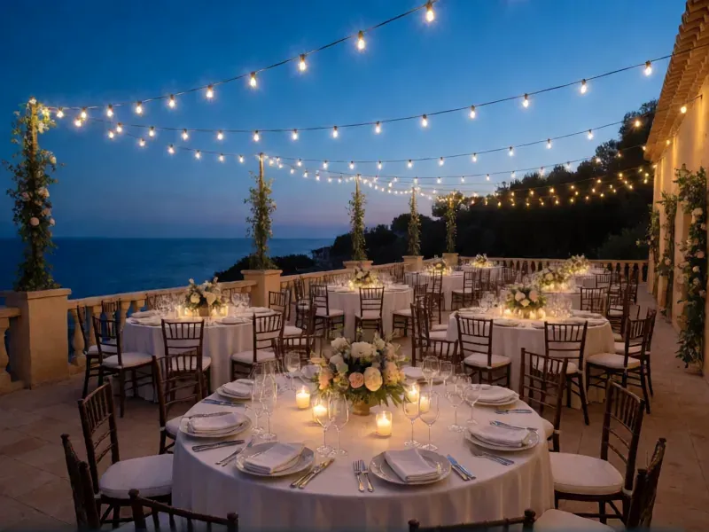 banquete en una terraza frente al mar al anochecer con guirnaldas de luces