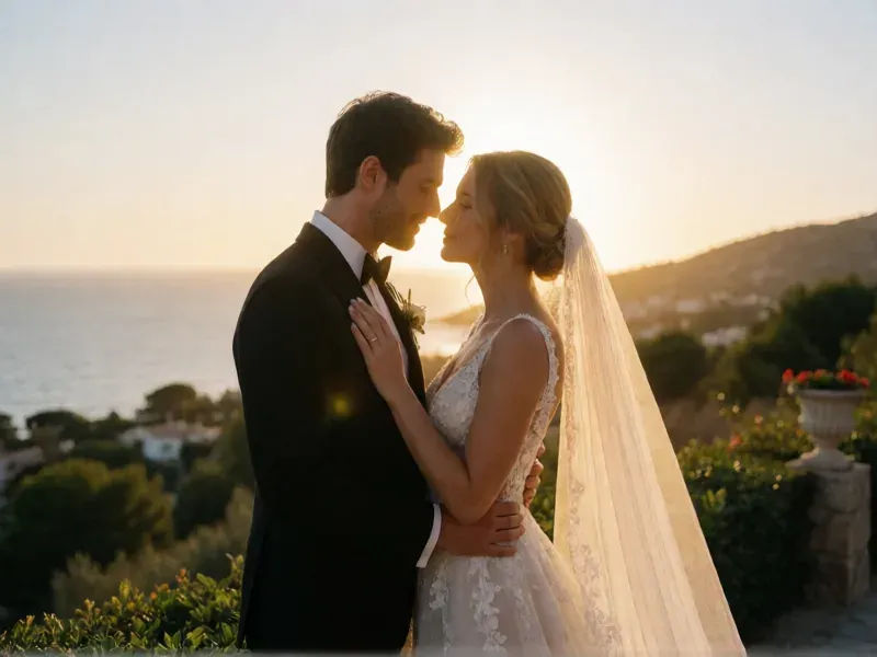 pareja de novios abrazada con el mar al fondo al atardecer