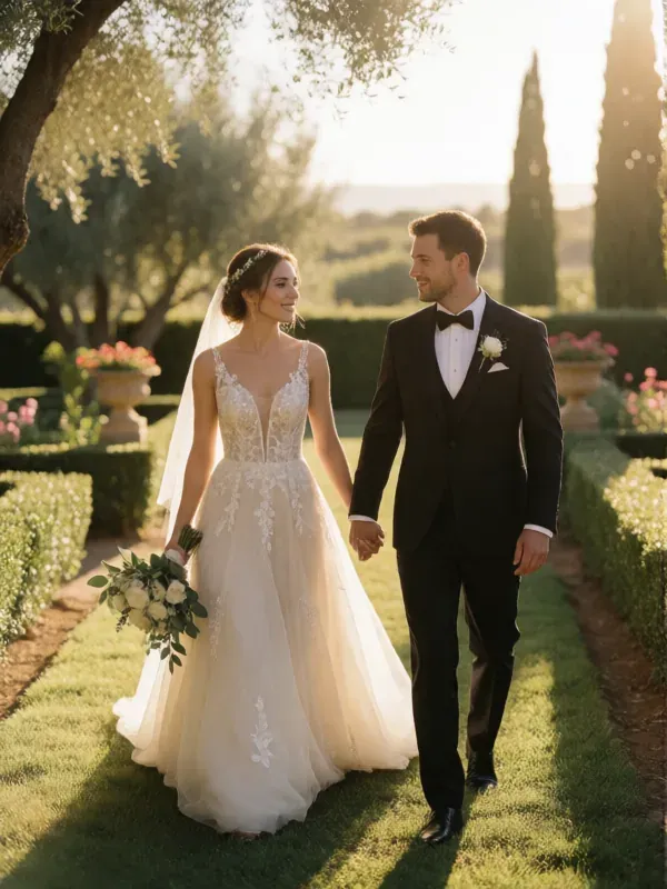 pareja de novios paseando de la mano por un jardín con cipreses