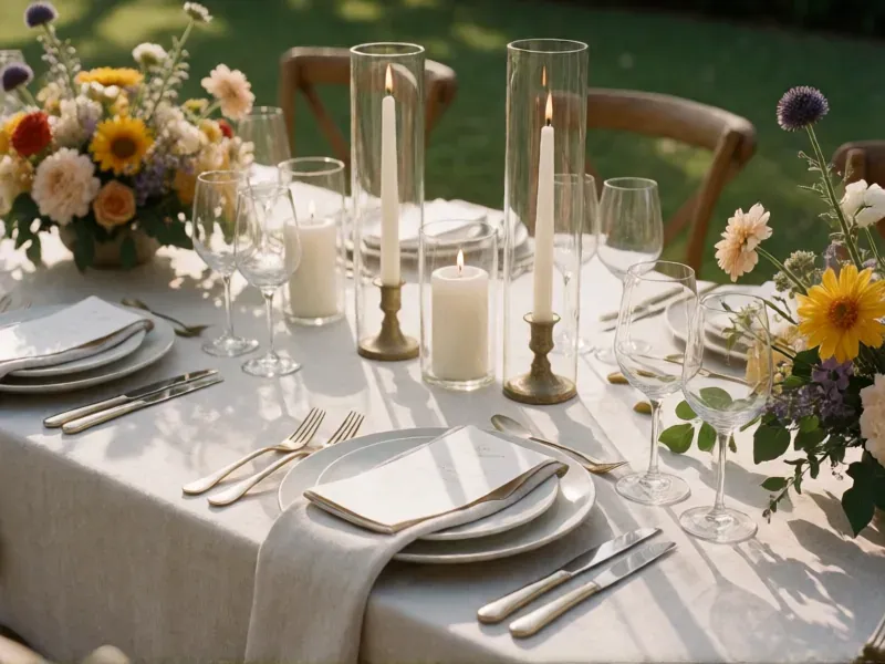 mesa con girasoles, flores de colores y velas en portavelas de cristal