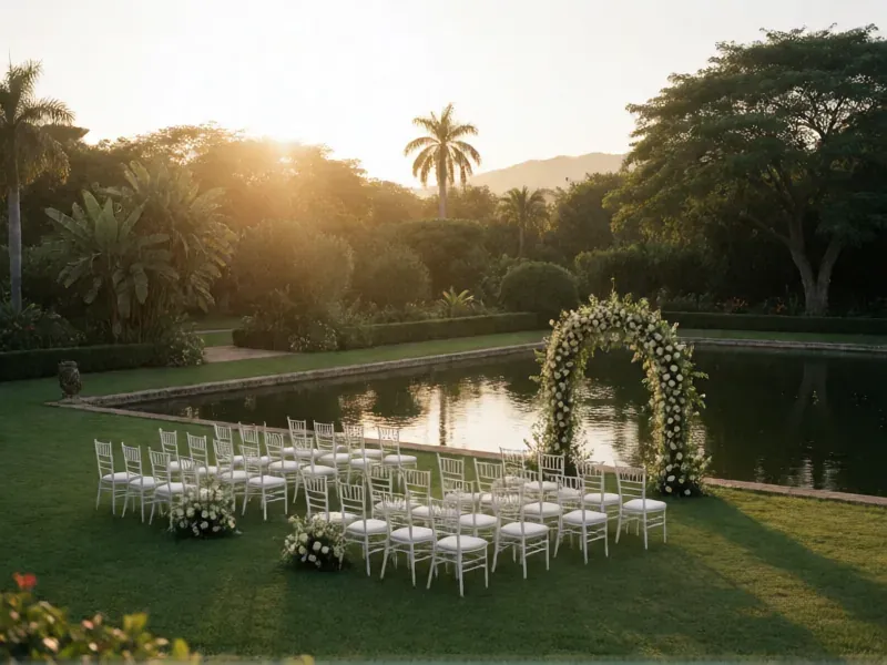 sillas blancas y arco de flores junto a un estanque al atardecer
