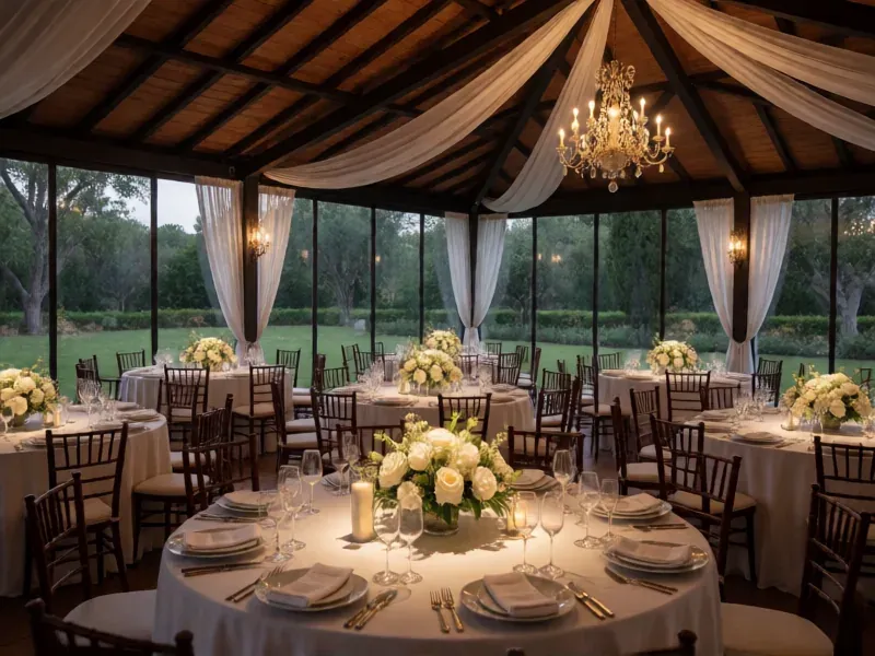 banquete con mesas redondas bajo una pérgola de madera con lámpara de araña