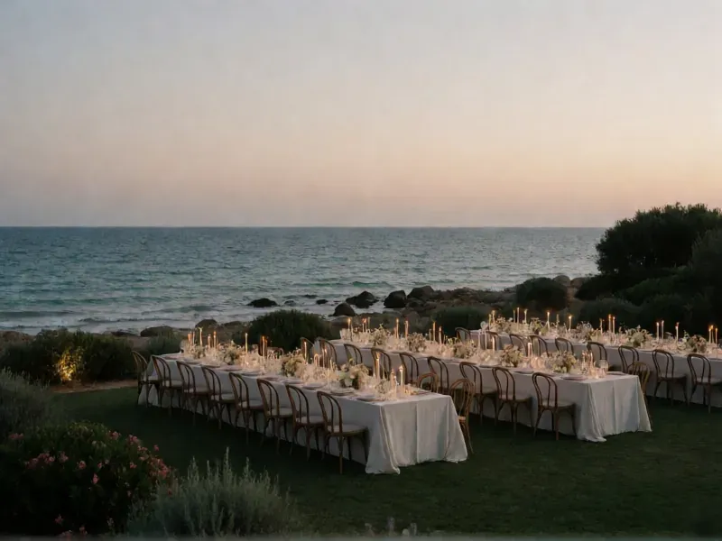 mesas de banquete en un jardín frente al mar al atardecer
