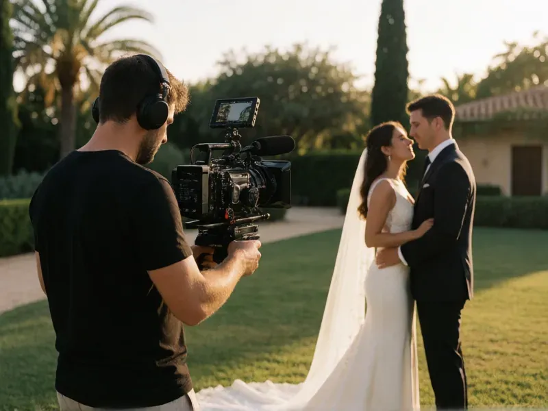 videógrafo grabando a una pareja de novios en un jardín