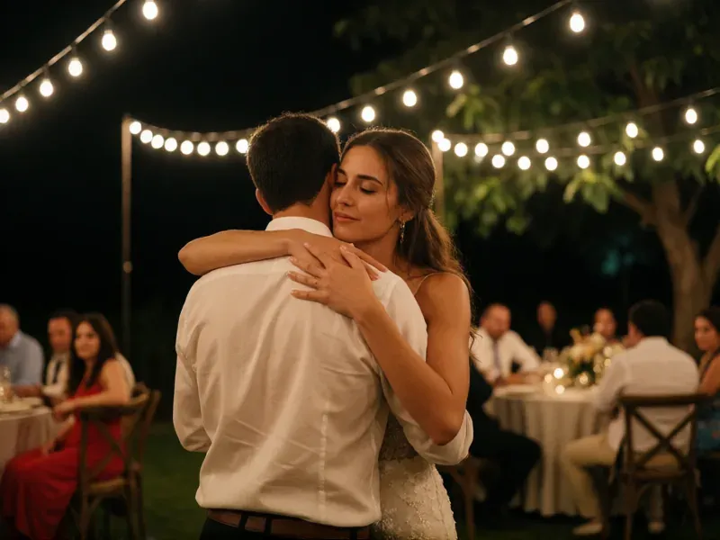 pareja bailando bajo guirnaldas de luces durante la cena