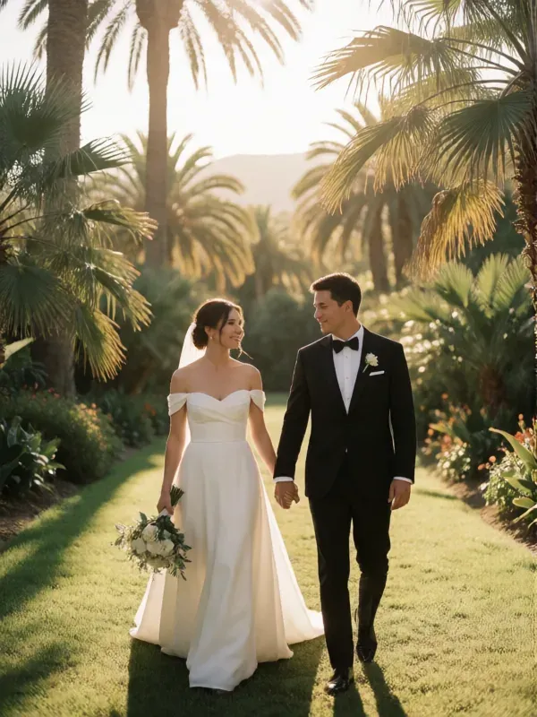 pareja de novios paseando de la mano por un jardín con palmeras