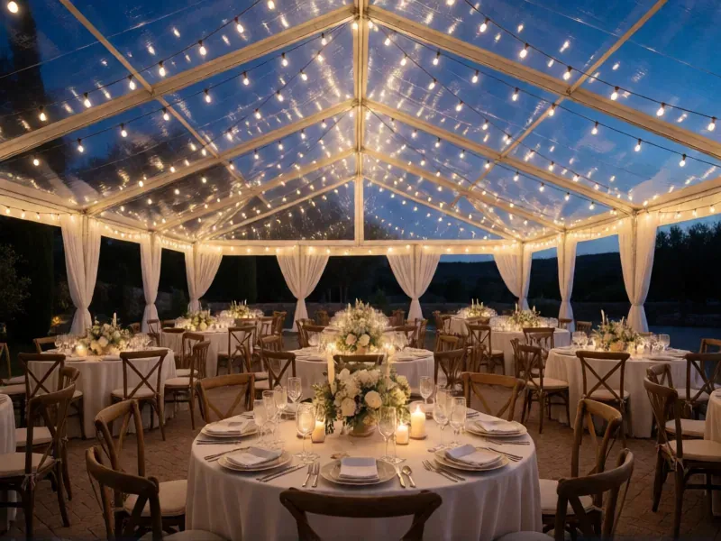 banquete con mesas redondas bajo una carpa transparente con guirnaldas de luces