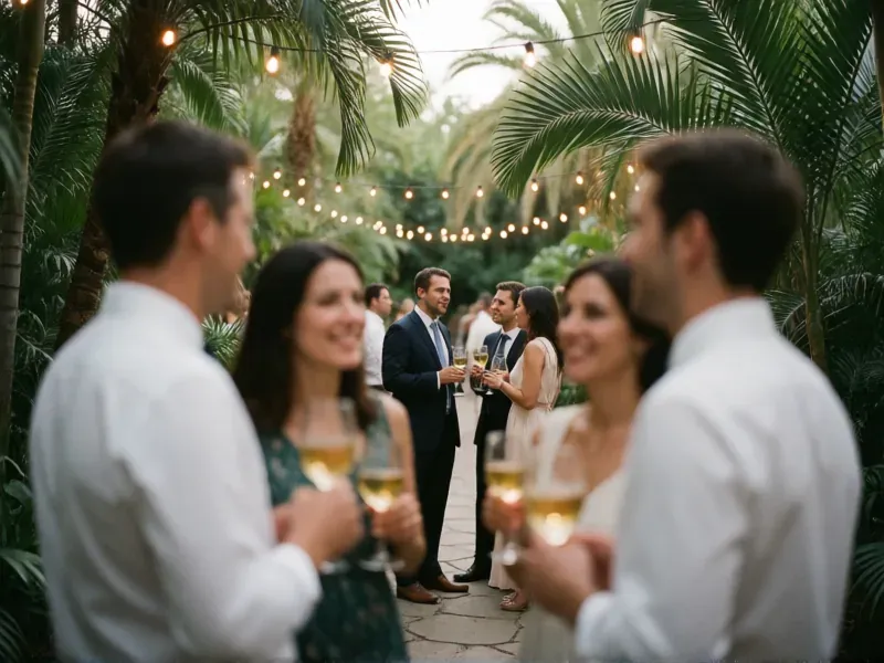 invitados brindando en un cóctel entre palmeras
