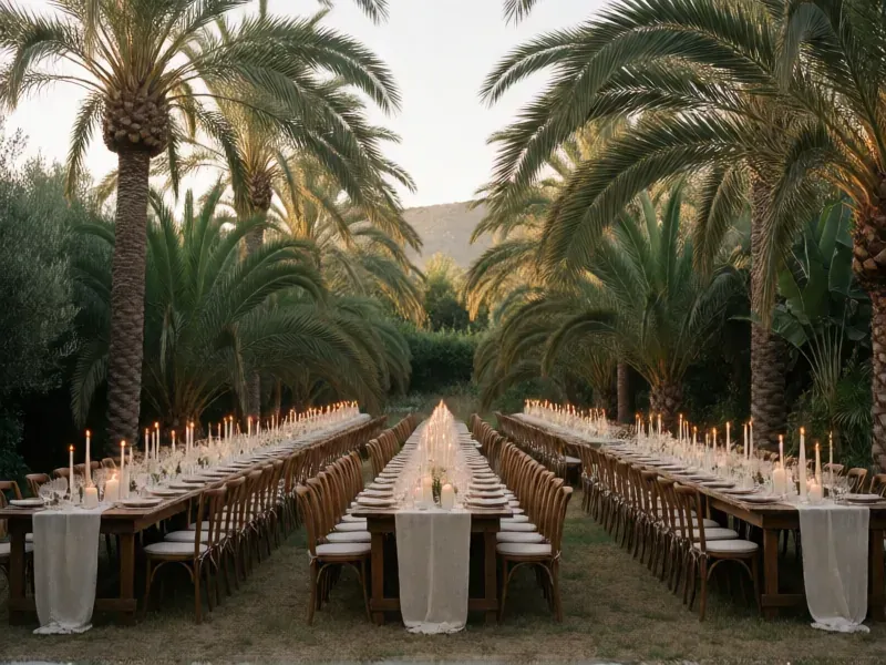 mesas largas de banquete con velas bajo palmeras