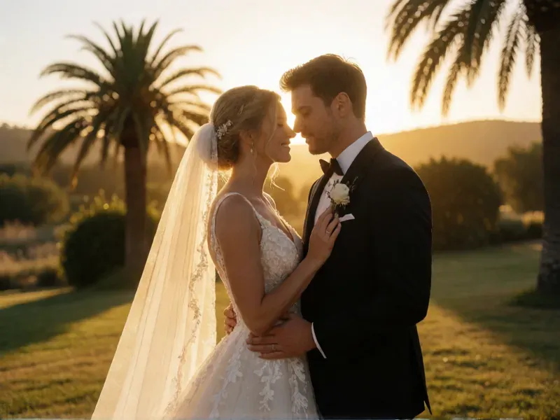 pareja de novios abrazada al atardecer junto a unas palmeras