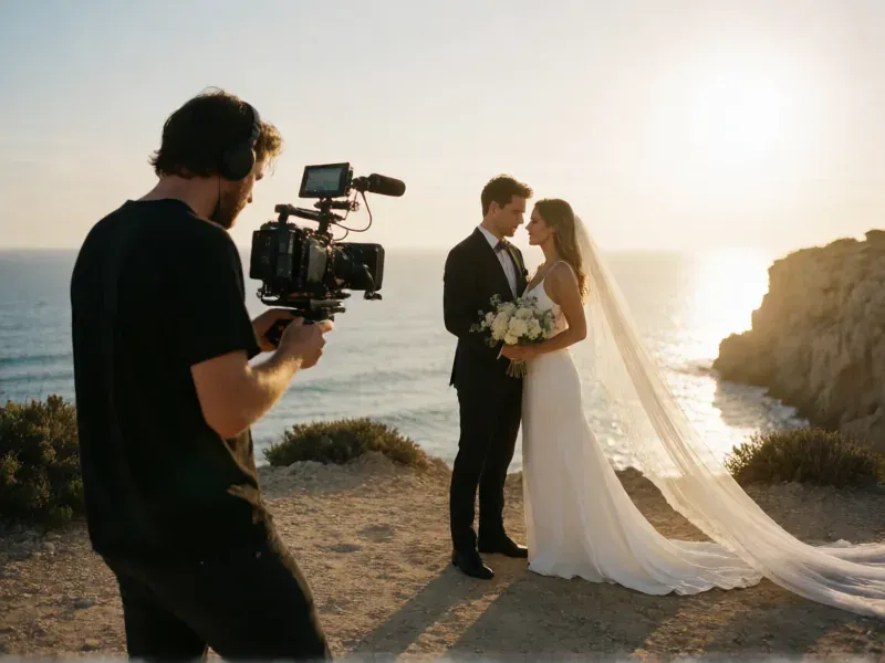 wedding videographer filming on an Ibiza clifftop