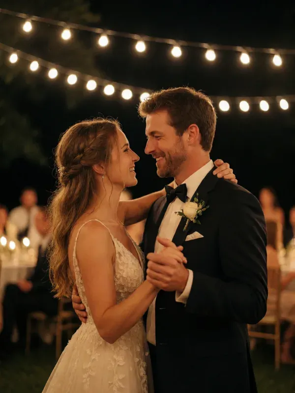 pareja de novios bailando bajo una guirnalda de luces por la noche