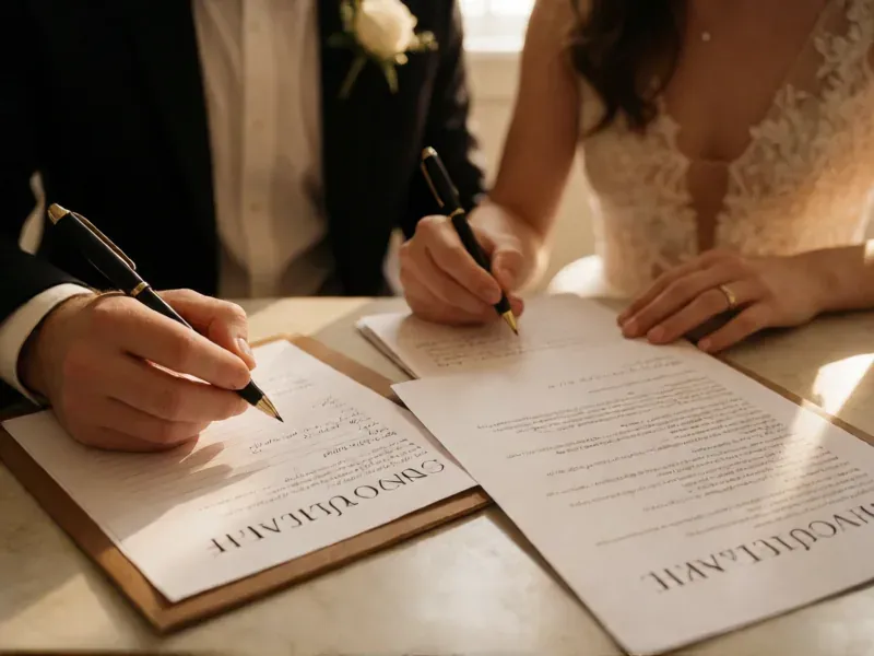 pareja revisando el contrato de un videógrafo de boda