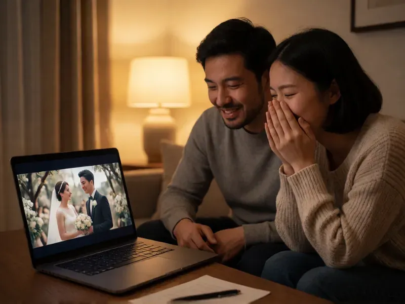 pareja viendo su vídeo de boda terminado