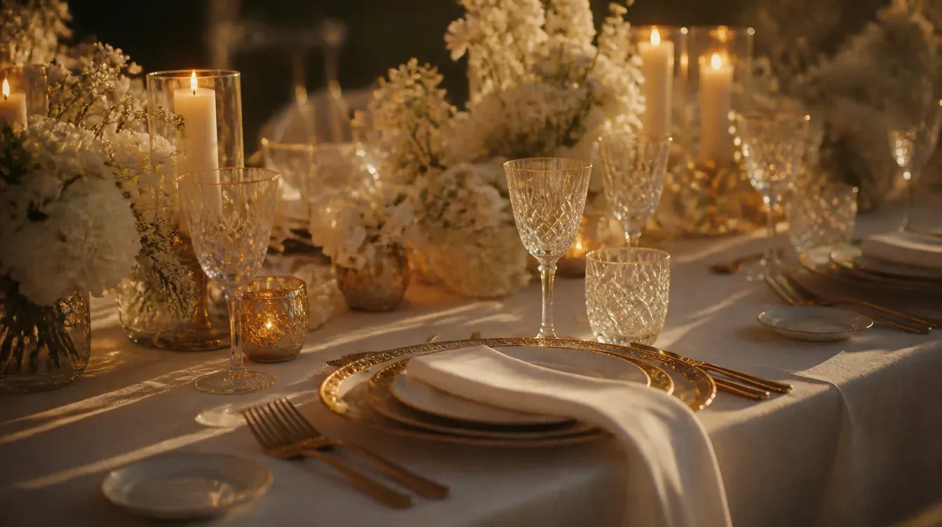 Mesa de banquete con velas, copas de cristal y flores blancas en tonos dorados