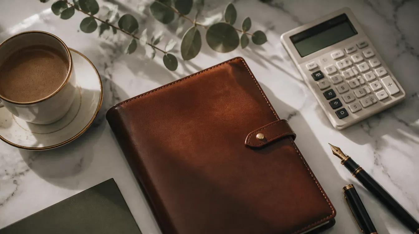Agenda de piel, calculadora, pluma y taza de café sobre una mesa de mármol