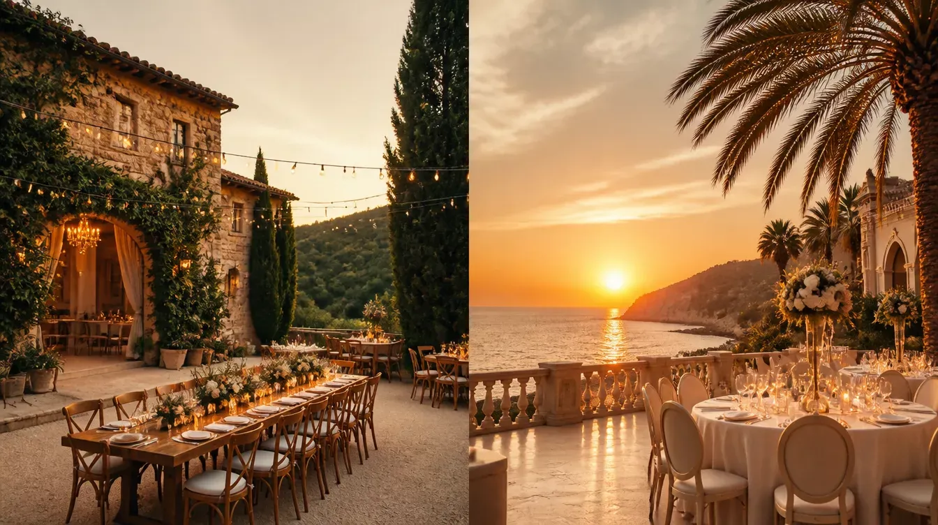 Montaje de banquete al atardecer en una terraza con vistas al mar y en un patio de piedra