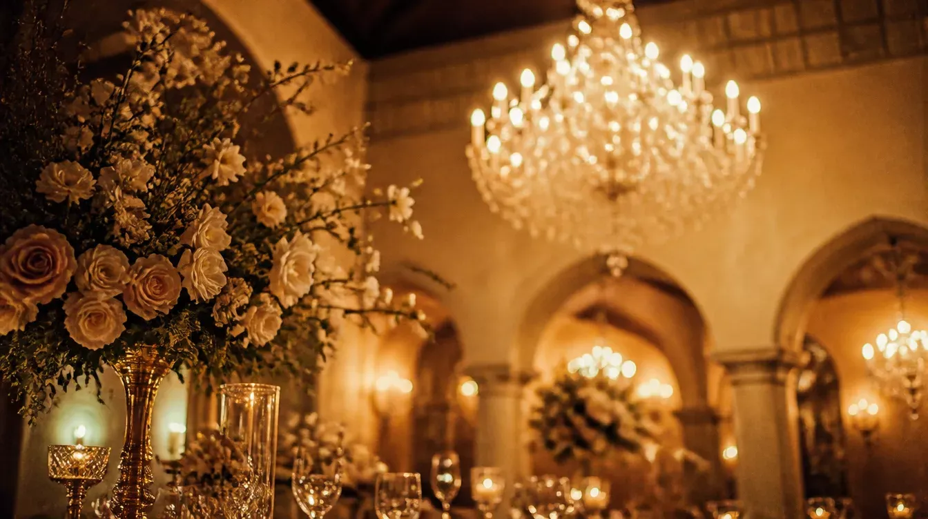 Salón de banquetes con lámpara de araña, arcos y centros de flores