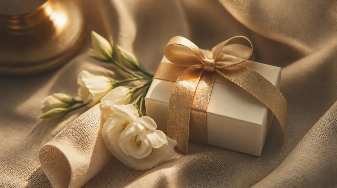 Caja de regalo con lazo dorado junto a flores blancas sobre tela