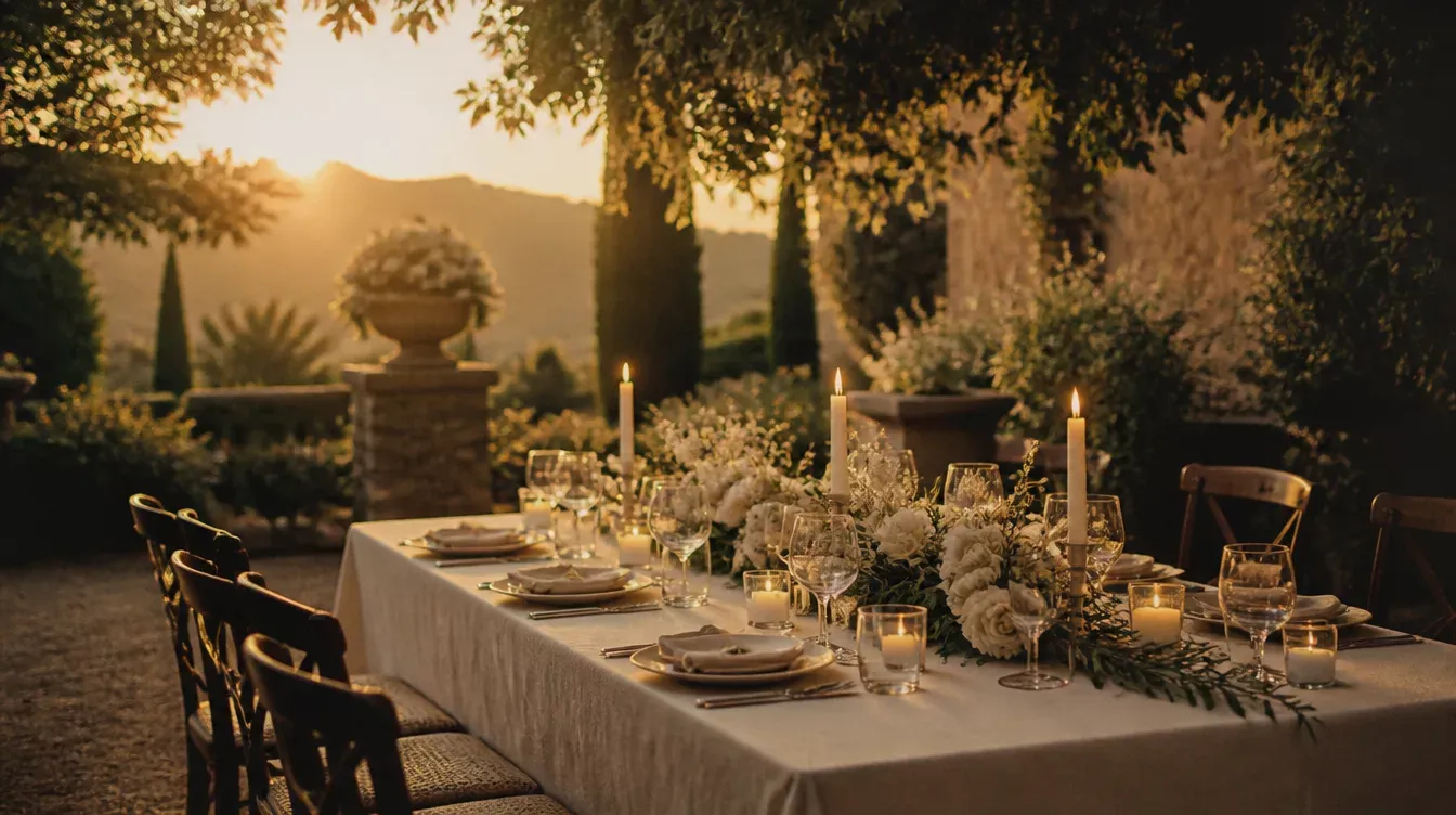 Mesa de boda al aire libre con velas y flores al atardecer en un jardín